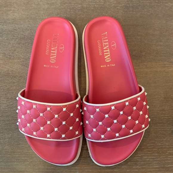 Valentino Garavani Pink Studded Pool Slide Shoes 5 - Picture 1 of 6